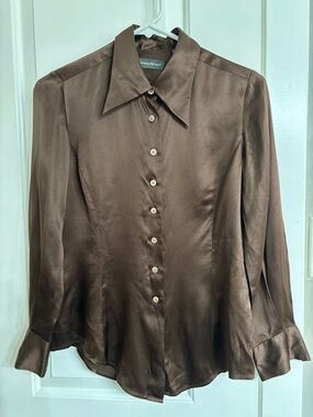 90s Vintage Banana Republic Brown Silk Button-Front Blouse Size XS